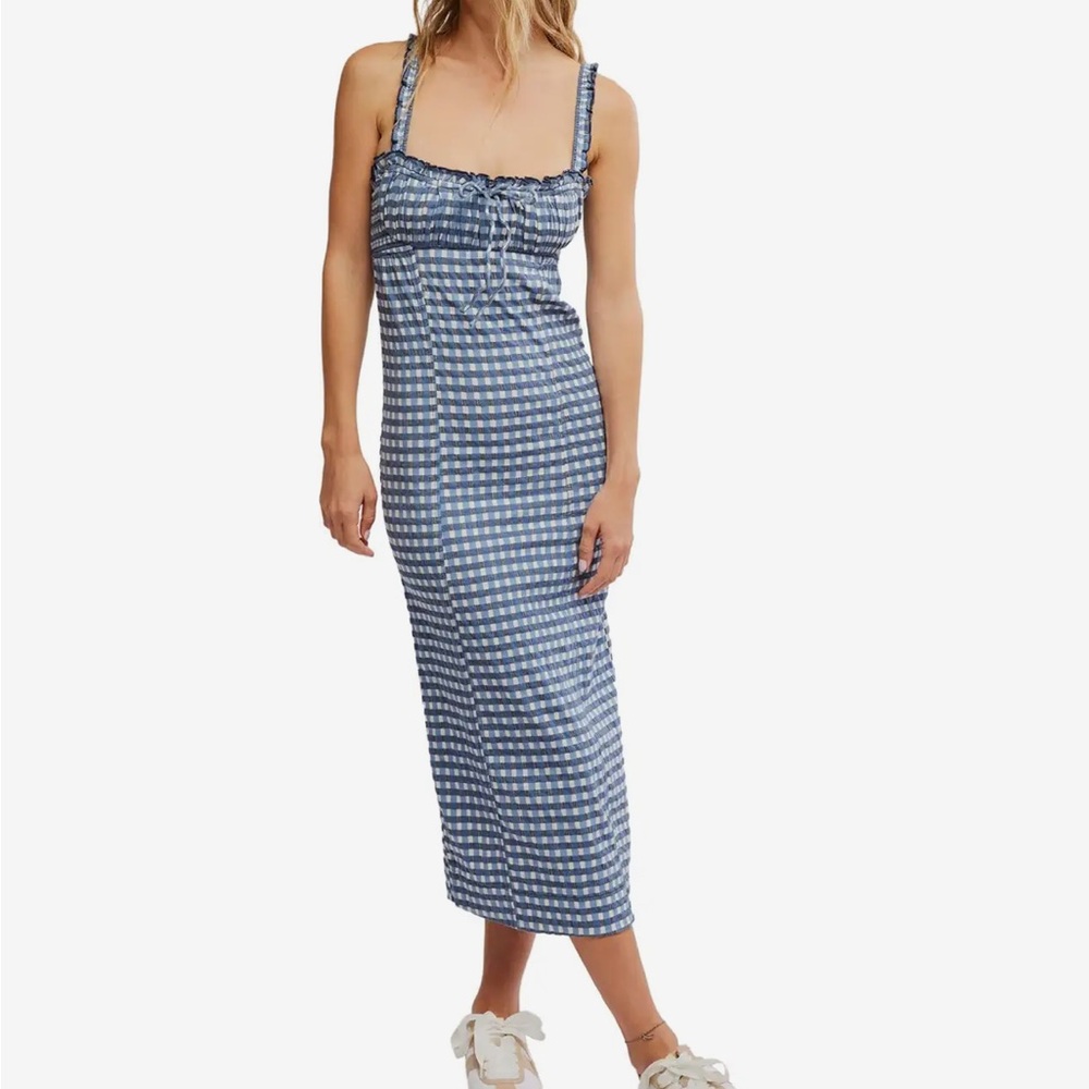 Free People Lucinda Midi Blue Gingham Women's Dress
